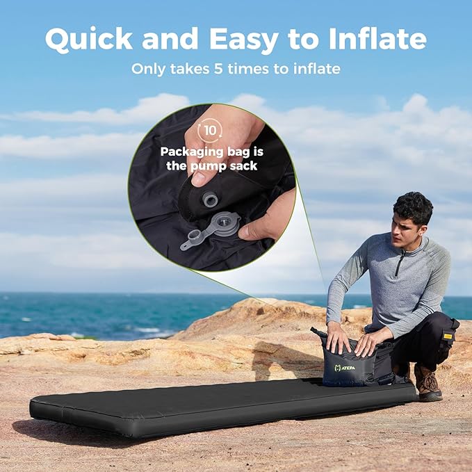 ATEPA ThermAir Pro Backpacking Sleeping Pad, 6.6 R-Value Insulated Ultralight Inflatable Sleeping Pad Camping Pad with 7 Layers & Storage Bag for Camping Backpacking, Wide Long Size (78"x27"), Bllack