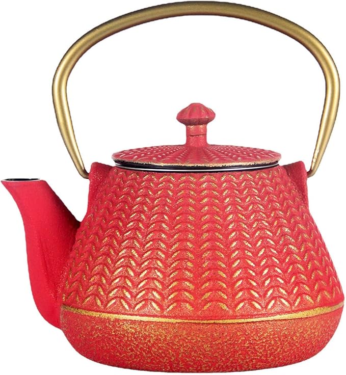 Small Cast Iron Tea Kettle for Stovetop Safe, Red Tea Pot Coated with Enameled Interior, Durable Teapot with Stainless Steel Infuser for Loose Leaf (1000ml/34oz)
