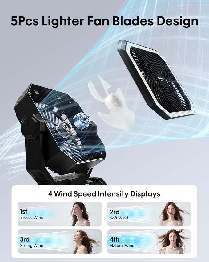 Camping Fan with Bluetooth Speaker Portable Fan,20000mAh Rechargeable Battery Powered Fans,Quiet 4-Speeds, 4-LED Light,360° Hanging Hook for Outdoor Picnic Tent Beach Travel Barbecue, Black