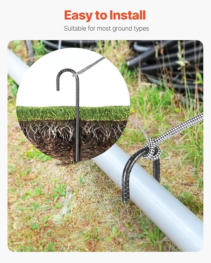 VEVOR Rebar Stakes, 16-Inch, Heavy-Duty 0.4 in Diameter J Hook, Galvanized Steel Ground Anchors with Chisel Point End & Rust-Resistant Coating, for Gardening Support, Fence, Camping Tents (24-Pack)