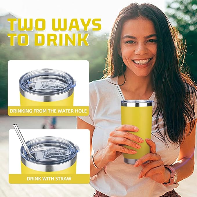 20 oz Tumbler with Lids and Straws, Stainless Steel Insulated Travel Coffee Mug, Double Wall Vacuum Insulated Tumblers, Powder Coated Coffee Tumbler for Cold & Hot Drinks (Yellow)