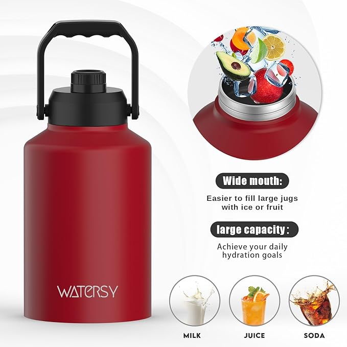 WATERSY 1 Gallon Water Bottle Insulated(Cold for 48 Hrs),BPA Free&Leak Proof,128oz Stainless Steel Water Jug,Big thermo,Large Water Bottle with Handle for Gym,Hiking,Camping&Travel,Red