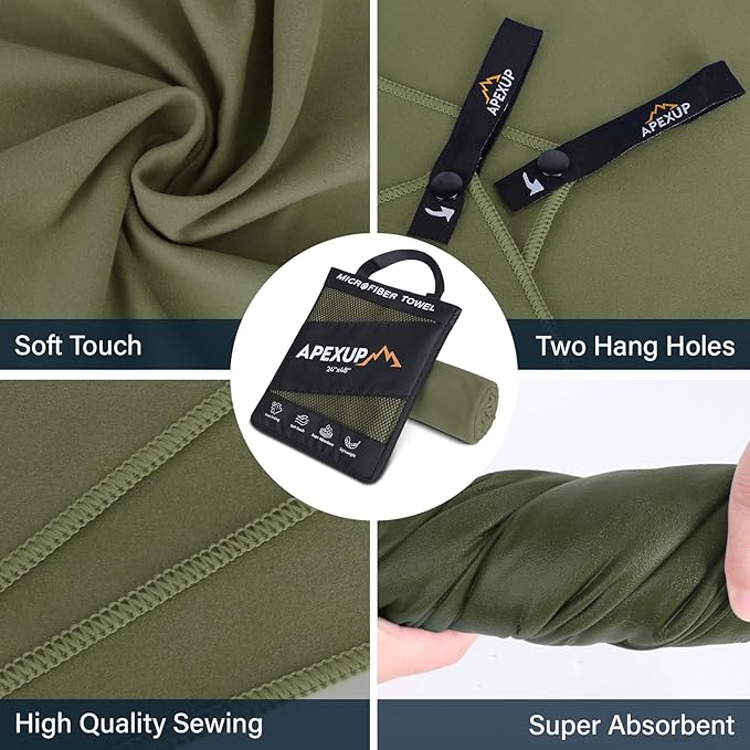 APEXUP Microfiber Travel Towel, Ultra Absorbent Quick Dry Towels, Lightweight Gym Sports Camping Towel for Workout, Yoga, Beach, Shower, Swimming (60"×30", Army Green)