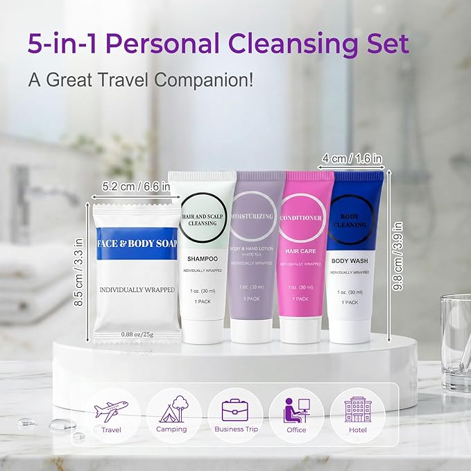 Toiletries Individually Wrapped Set Bulk, Travel Size 1 Fl oz Mini Body Wash Body Lotion Shampoo Conditioner 0.88 oz Bars Soap Toiletry Kit Guest Amenities for Hotel/Shelter/Homeless (Pack of 10)