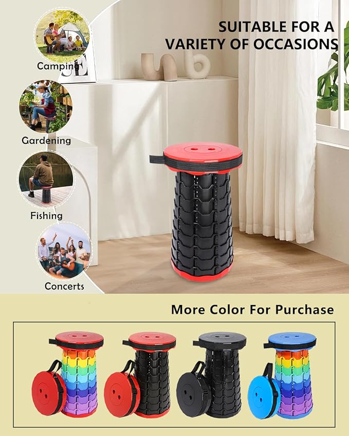 Upgraded Foldable Thickened Collapsible Stool, Portable Folding Seat, Adjustable Height Retractable, Suitable for Fishing, Hiking, Camping, BBQ, Party, Outdoor (Black and Red)