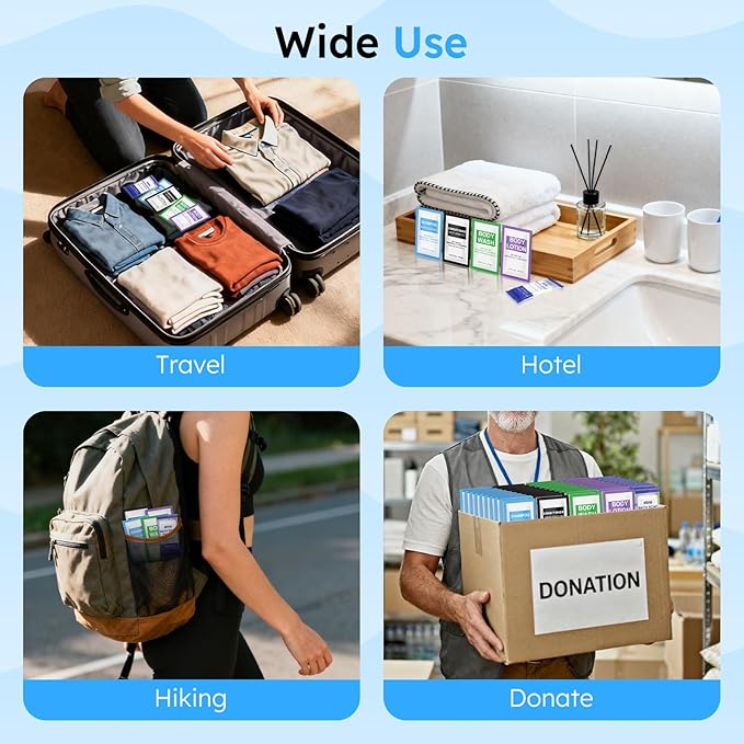 100 Pcs 5-IN-1 Hotel Soaps and Toiletries Bulk Set,5-Piece Set 0.35 oz each Packets Shampoo,Conditioner, Body Wash and Lotion,0.53 oz Soap Mini Travel Size Toiletries Supplies kit for Guests,Homeless