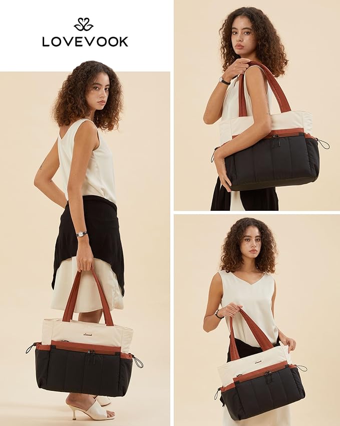 LOVEVOOK Puffer Bag for Women, Ultra-Lightweight Work Tote with Organized Compartments, 15.6/17.3“, Travel Carry-on & Gym Bag