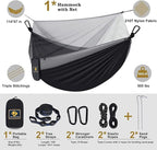 Camping Hammock with Net,Portable Lightweight Double Hammocks with Tree Straps and Solid D-Shape Carabiners,Parachute Nylon Hammock for Backpacking Beach Backyard Patio Hiking Black&Grey