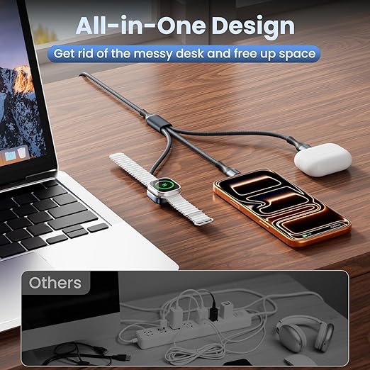 3 in 2 USB A/C Multi Charger Cable, Charging Cable for iWatch Charger/iPhone 17 Charger/IP, Braided Multiple Charger Cord Compatible with iPhone 17-11/iWatch Series 11-1/ultra/se/Car/Home 5FT