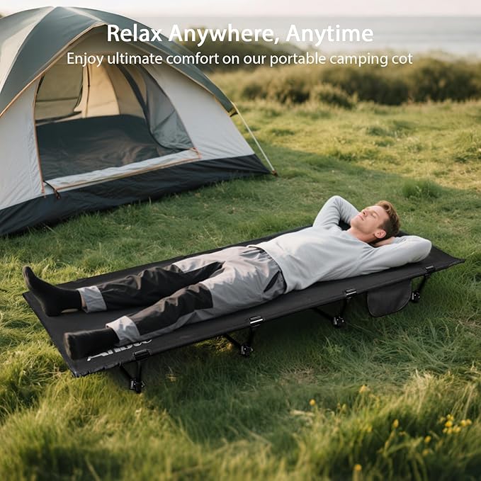 Ultralight Camping Cot Save Effort, Comfortable Camping Bed Supports 275 Lbs with Side Pocket, Compact Portable Backpacking Cot for Hiking, Travel, Truck, Beach, Office, Black