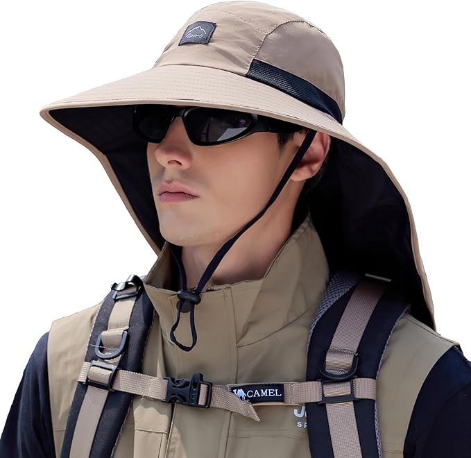 Rosoz Outdoor Sun Hat for Men Women, UPF50+ Protection Safari Cap Wide Brim Mesh Fishing Hat with Neck Flap Beach Garden