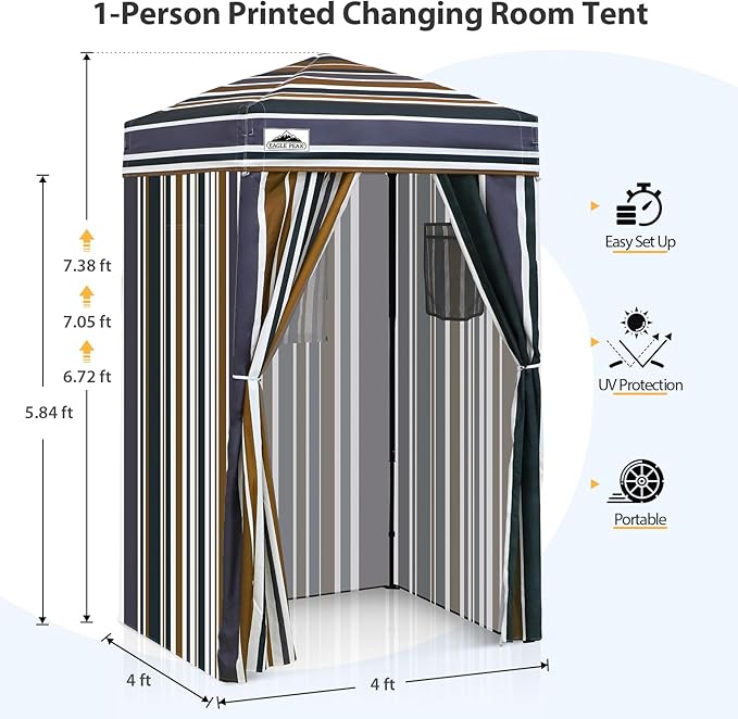 EAGLE PEAK Flex Ultra Compact 4x4 Pop-up Canopy, Sun Shelter, Changing Room, Portable Privacy Canopy Cabana for Pool, Fashion Photoshoots, or Camping, Brown Stripe