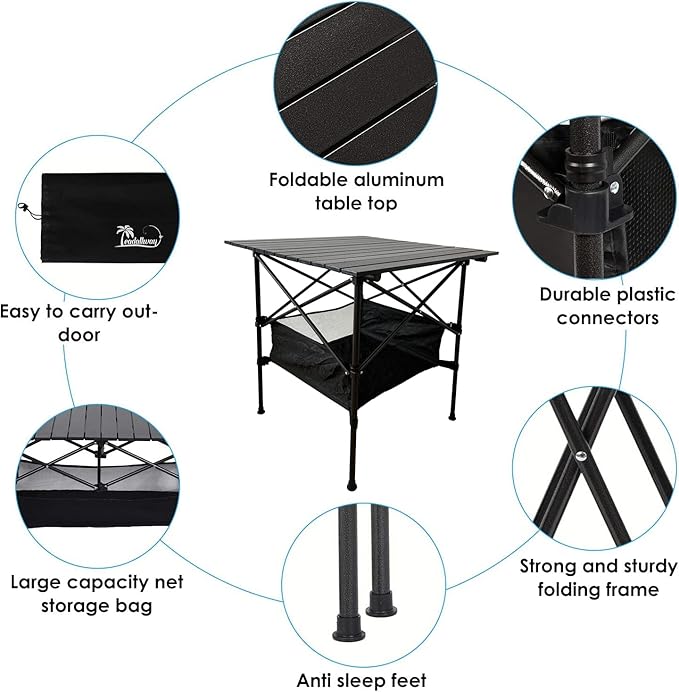 LEADALLWAY Folding Camping Table with Large Storage and Carrying Bags,28x28x28inchs
