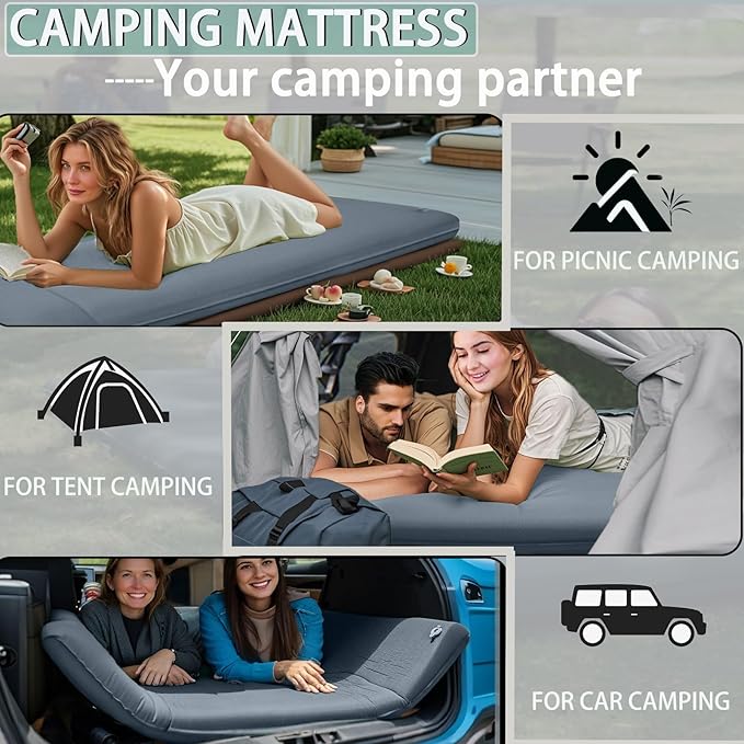 Sleeping Pad With Electric Pump: Self Inflating Sleeping Pad with 3.14" Ultra-thick Memory Foam & Built-in Pillow All Season Camping Mattress for Tent Travel Car - Self Inflating Air Mattress Grey