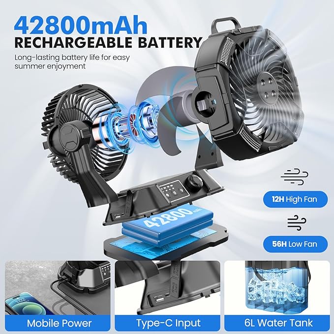 Portable Misting Fan 42800mAH Rechargeable with Remote Control, 6L Bucket Camping Fan with LED Lights & Stepless Speed Control & Cooling Mist, Portable Handle & Rotate Hook, Timer Function