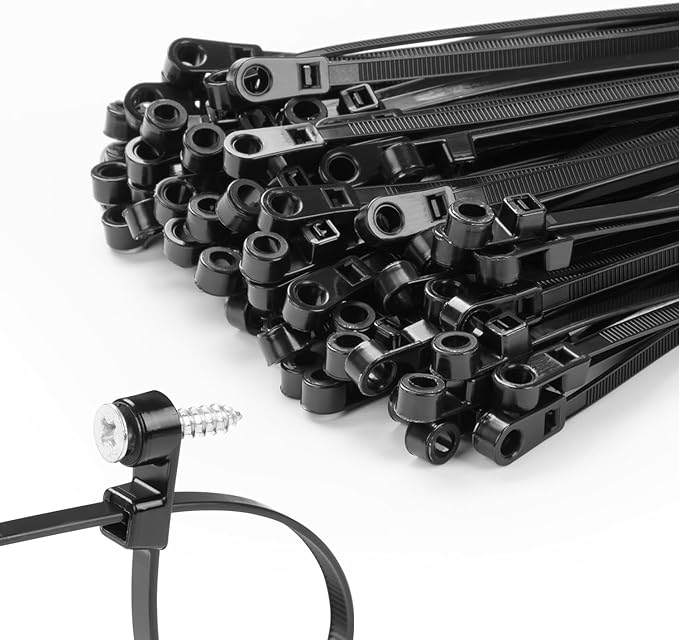 200 PCS 6 inch Black Zip Ties with Screw Hole 70lbs Mountable head Cable Ties Straps Multipurpose Heavy Duty Nylon Cable Zip Ties with Screw Mounting Hole