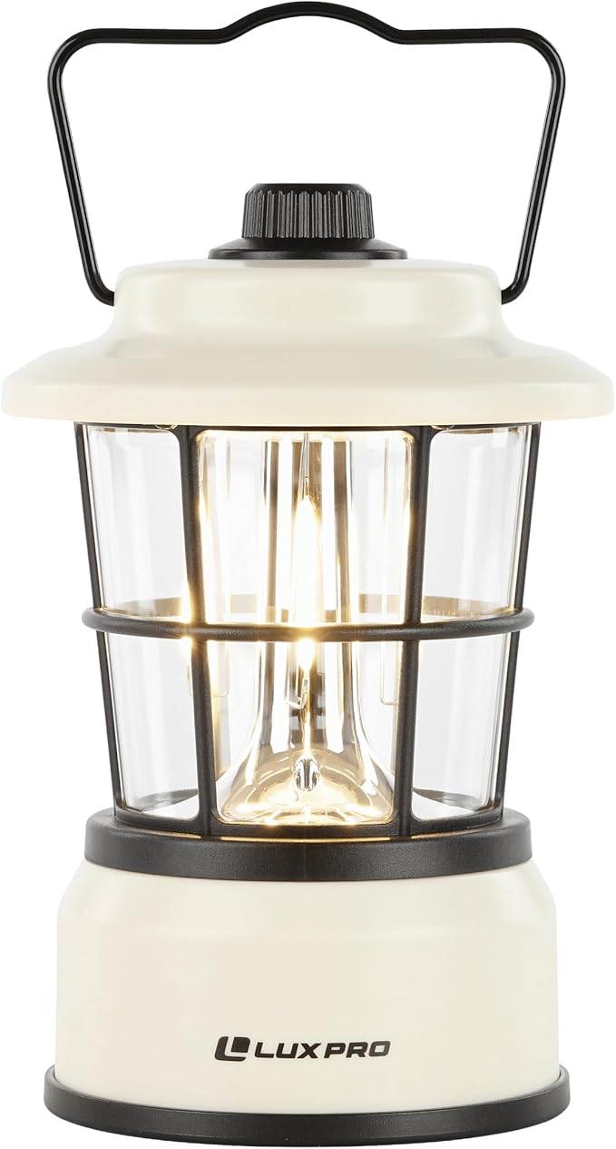 LUXPRO Retro LED Lantern - Battery-Powered Emergency Lantern - Water Resistant - Bright LED Lamp for Indoor & Outdoor Use - Use for Tents, Hiking or Hurricane Prep (Beige, Pack of 1)