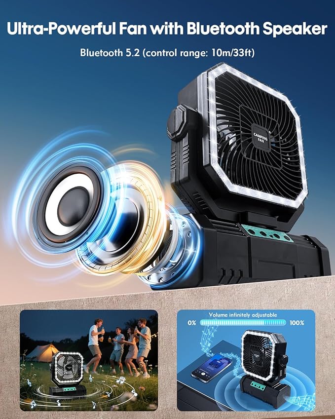 Camping Fan with Bluetooth Speaker Portable Fan,20000mAh Rechargeable Battery Powered Fans,Quiet 4-Speeds, 4-LED Light,360° Hanging Hook for Outdoor Picnic Tent Beach Travel Barbecue, Black