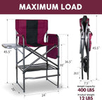 30" Tall Directors Chair with Side Table, 400LBS Bar Height Folding Camping Chair for Makeup Artists, Outdoor Events, Portable Foldable Chair with Cup Holder & footrest - Wine Red/Black