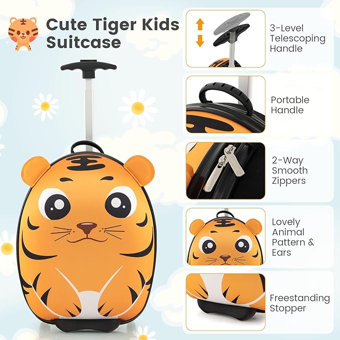 Goplus 2PC Kids Carry On Luggage Set, 16" Rolling Suitcase & 12" Backpack, Airline Approved Travel Trolley Luggage with Wheels for Toddlers Children Girls Boys (Tiger)