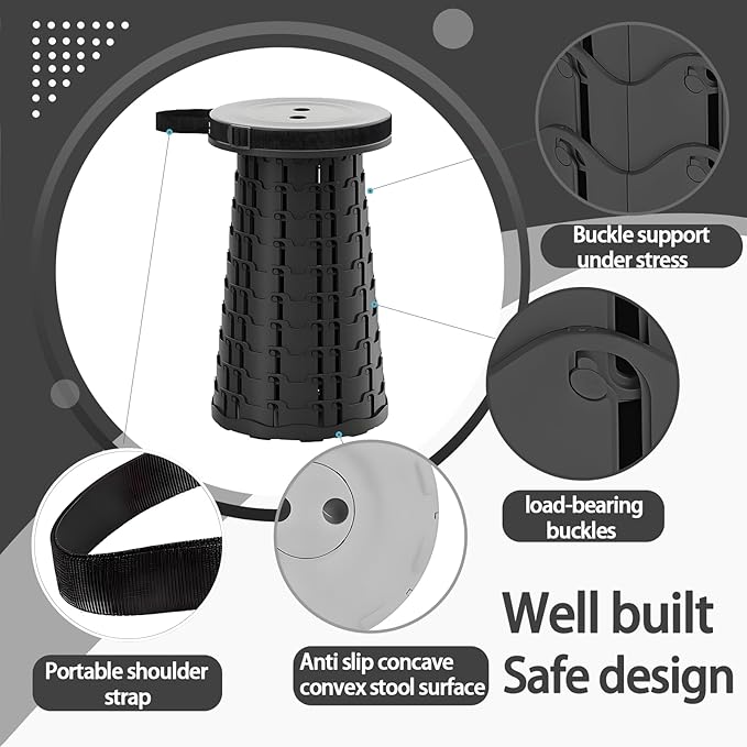 Portable Telescoping Stool, Retractable Folding Stool for Camping Garden Fishing Hiking Travel BBQ, Adjustable Collapsible Stools (Black)