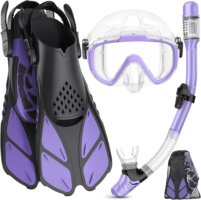 Snorkeling Gear for Adults Men Women,4 in 1 Snorkel Set with Panoramic View Diving Mask Anti-Fog Anti-Leak,Dry Top Snorkel,Fins and Travel Bag for Swimming,Snorkeling and Travel Diving