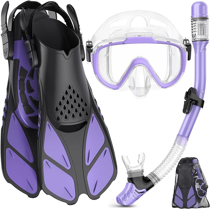 Ubekezele Snorkeling Gear for Adults Men Women,4 in 1 Snorkel Set with Panoramic View Diving Mask Anti-Fog Anti-Leak,Dry Top Snorkel,Fins and Travel Bag for Swimming,Snorkeling and Travel Diving