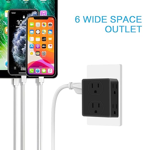 Outlet Extender, HICITY Multi Plug Outlet with 6 Electrical Outlets Adapter, 3-Prong Wall Outlet Tap for Cruise Ship Home Office Dorm, Black (3 Pack)