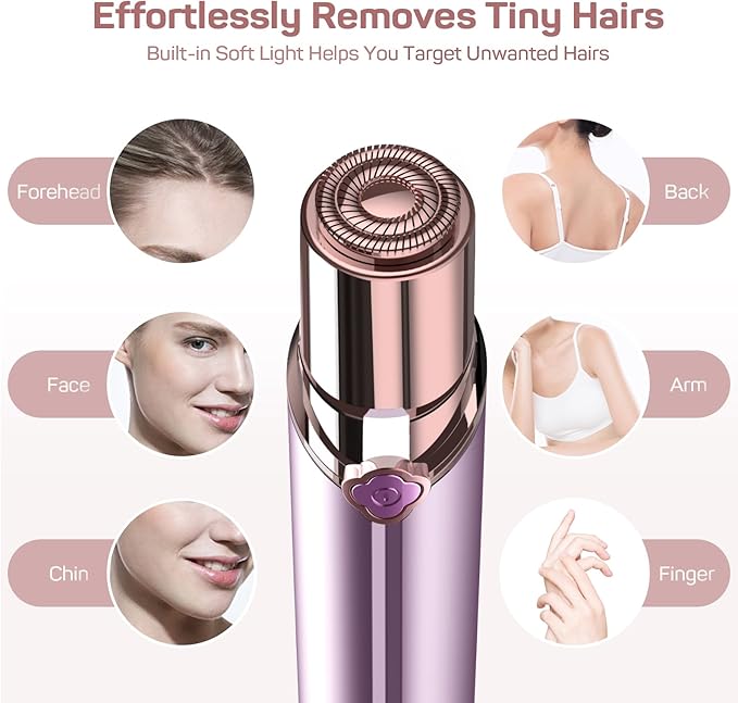 Facial Hair Removal for Women, Ladies Face Shaver(Rechargeable) for Chin Upper Lip Neck Armpits, Included 4 Replacement Heads, with a Velvet Storage Pouch