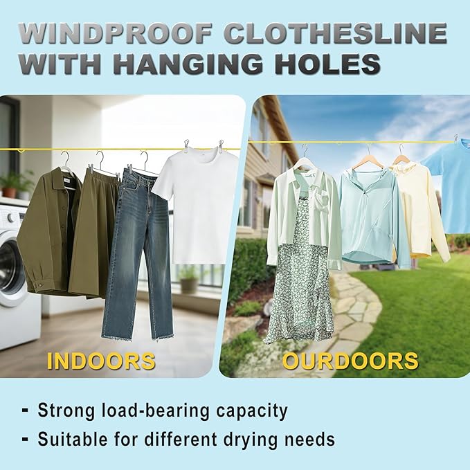 Portable Travel Clothesline, Windproof Clothes Laundry Line with Clothespins & Hang Holes, Indoor & Outdoor Clothes Drying Rope for Hotel, Backyard,Cruise Ships, Camping