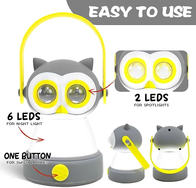 Portable LED Camping Lantern, Head Lamp Kit, Lightweight Battery Powered LED Flashlight for Indoor Outdoor, Kids Camping Gear Gift for Children's Day, Birthday, Easter, Adventure(Owl Set)