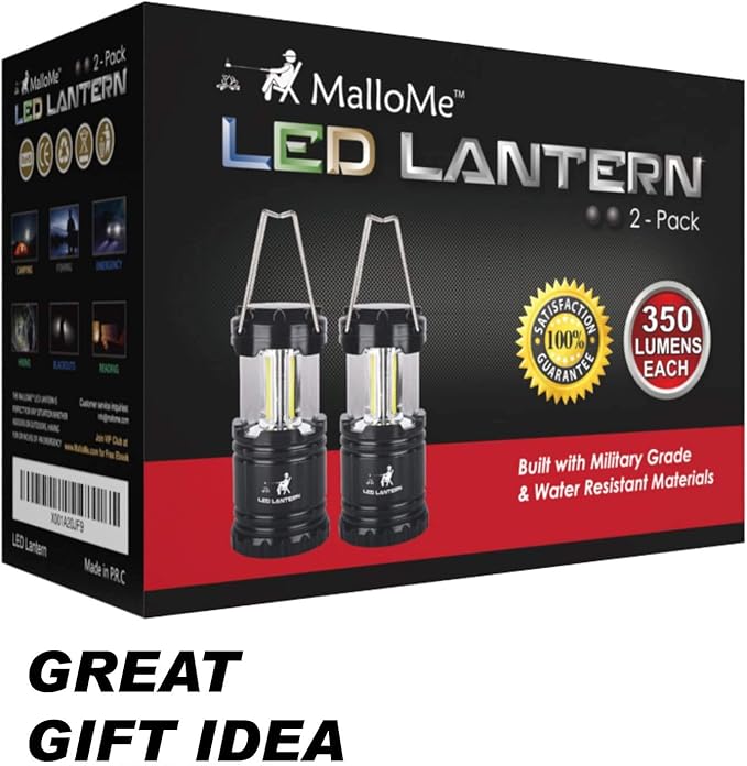 MalloMe LED Camping Lantern Flashlights 2 Pack & 4 Pack - Super Bright - 350 Lumen Portable Outdoor Lights (Black, Collapsible)