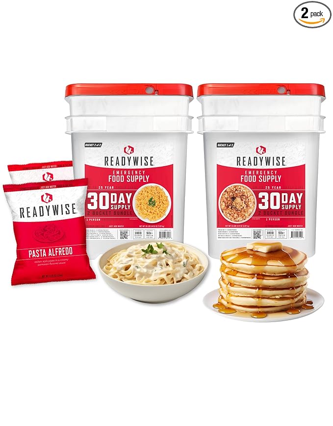 ReadyWise 30 Day Emergency Food Supply - 296 Servings, 2 Buckets, Freeze Dried Protein Meals, Survival Food Storage, Ready to Eat, Backpacking & Camping Essentials, up to 25 Year Shelf Life