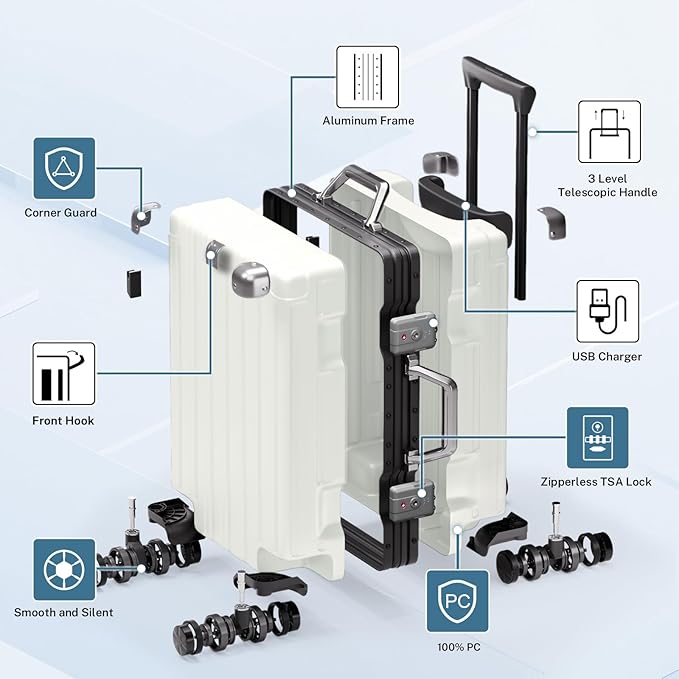 Krute Large Luggage 28 inch Zipperles Suitcase With Spinner Wheels USB Charger Hardside PC Aluminum Frame Luggages Checked Suitcases with TSA Lock (1 Piece)
