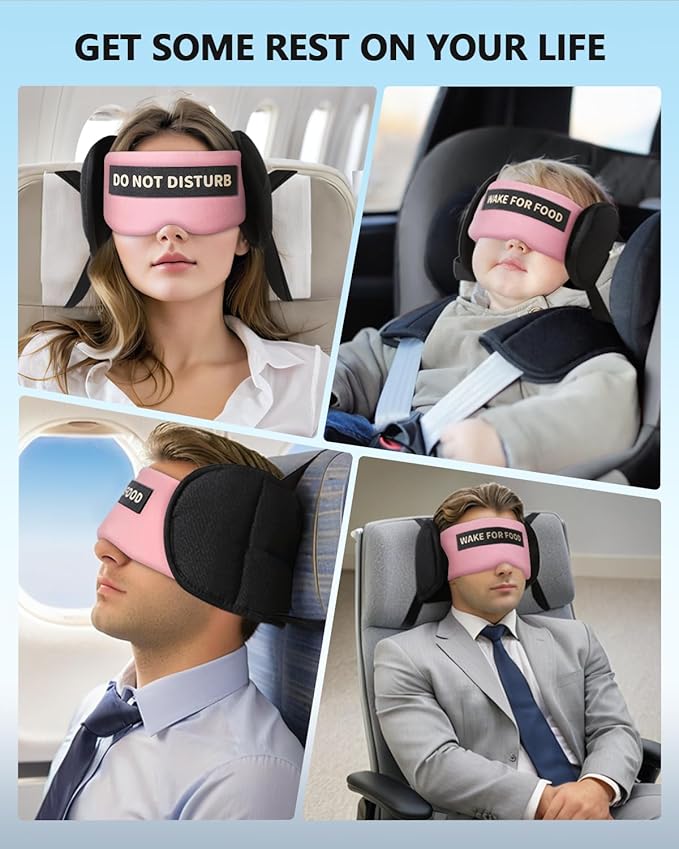 Travel Pillows for Airplanes, Airplane Pillow for Long Flights Sleeping with Eye Mask, 360° Support Plane Head Strap Travel Essentials for Air Travel Sleep Neck Upright, Stop Head Nodding(Pink)