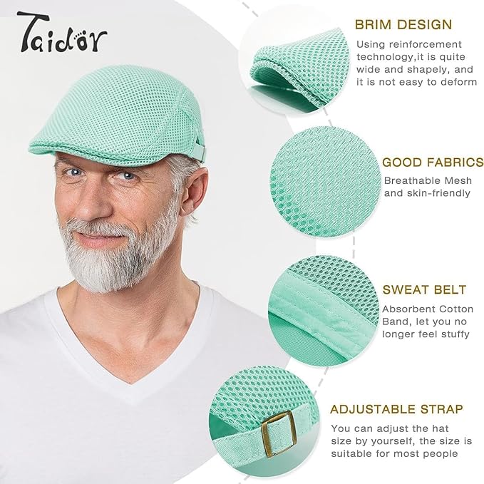 2 Pack Men's Mesh Cap Breathable Summer Newsboy Hat Adjustable Beret Ivy Cap Irish Cabbie Driving Hunting Hats