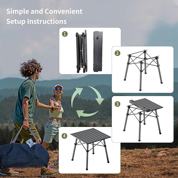Folding Camping Table, Portable Lightweight Beach Tables for Sand Foldable, Aluminum Roll-up Folding Square Table for Outdoor Camping, Picnic, Card, Travel (Black)
