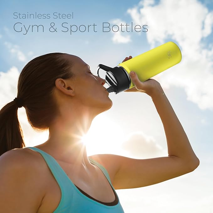 SipX™ Triple-Insulated Stainless Steel Water Bottle 18oz. With 3 Lids, BPA-Free Reusable Insulated Water Bottle Keeps Cold 24 Hours, (Yellow)