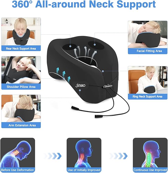 Neck Pillow Airplane, 2025 Upgraded Memory Foam Travel Pillow for International Flights, Adjustable Clasp, Storage Bag, Advanced Neck Support for Road Trips, Home, Office, and Gaming