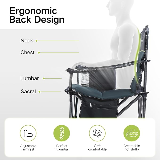 GREEN PARTY Folding Camping Chair Oversized Heavy Duty Lawn Chair with Cooler Bag, Cup Holder, Storage Pocket, Collapsible Padded Outdoor Arm Chair, Quad Lumbar