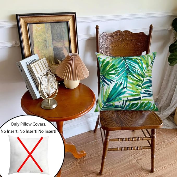 Magpie Fabrics Patio Pillow Covers ONLY 18"x18", Set of 2, Fade-Resistant Outdoor Indoor Decorative Throw Pillowcase Shell for Couch Garden Furniture - Green Palm Leaves