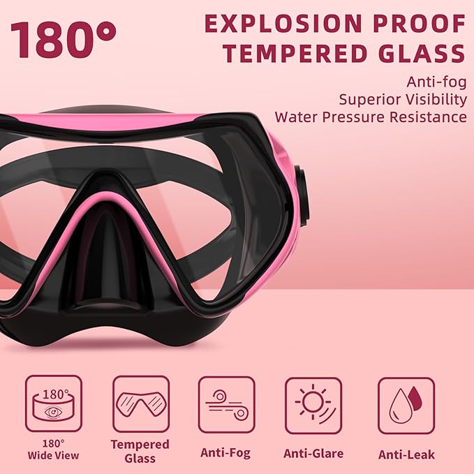 Snorkeling Gear for Adults, JRing Snorkel Mask Set with 180 Degree Tempered Glass Anti Fog Goggles Scuba Dry Top Snorkel for Swimming, Scuba Diving Mask for Men Women