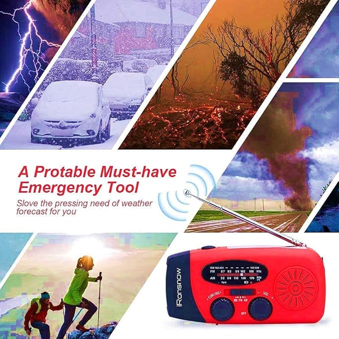 Solar Emergency Hand Crank Weather Radio, Portable Self Powered NOAA AM/FM Radios with SOS Alarm LED Flashlight 2000mAh Smart Phone USB Charger for Camping (Red)