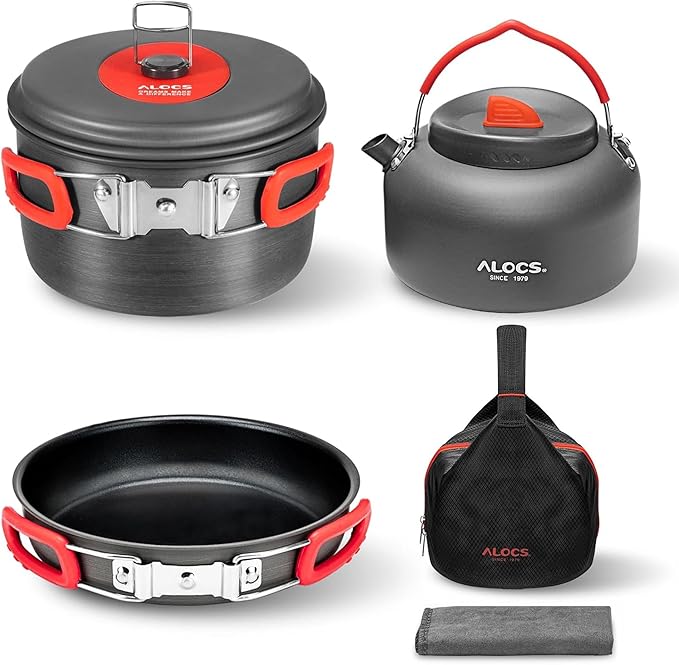 Alocs Camping Cookware Set - Lightweight Camping Cookware Mess Kit - Camping Pots and Pans Set - Camping Cooking Gear with Portable Carry Bag for Outdoor Backpacking Hiking and Picnic