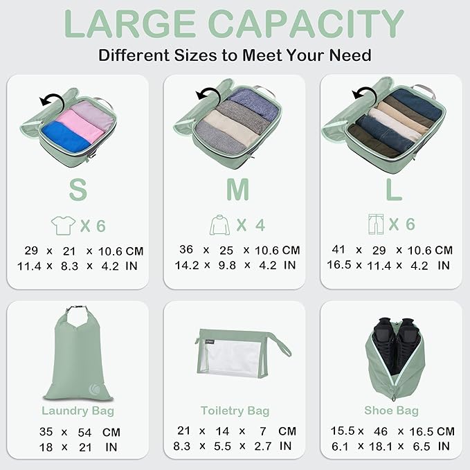 Cipway Compression Packing Cubes, Lightweight Travel Luggage Organizers with Shoe, Toiletry & Laundry Bags, Travel Essentials for Carry-on Suitcase (8 Piece, Sage Green)