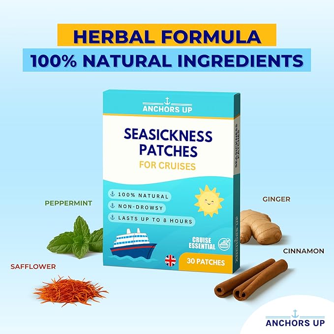 Seasickness Patches for Cruises – Treats Motion and Sea Sickness – Non-Drowsy – 100% Natural – Fast Relief – Long-Lasting – Box of 30 – Cruise Essential by AnchorsUp