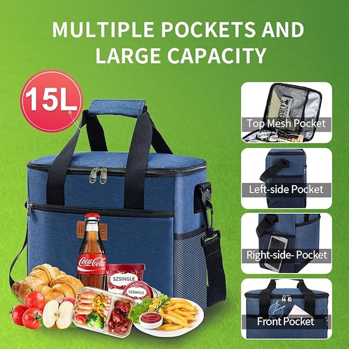 iknoe Large Cooler Bag Collapsible, 15L Insulated Bags, Leakproof Lunch Cooler Tote with Multi-Pockets for Adult, Insulated Lunch Box for Beach, Picnic,Work, Blue 24-Can