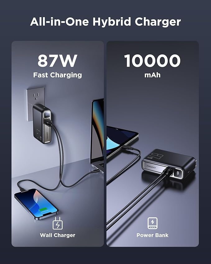 PISEN Wall Charger Power Bank - 87W 2-in-1 Hybrid Charger, 10000mAh GaN USB-C Portable Charger with Wall Plug, 87W Hybrid Charger Power Bank with Wall Plug for iPhone, iPad, MacBook, Samsung, Laptops