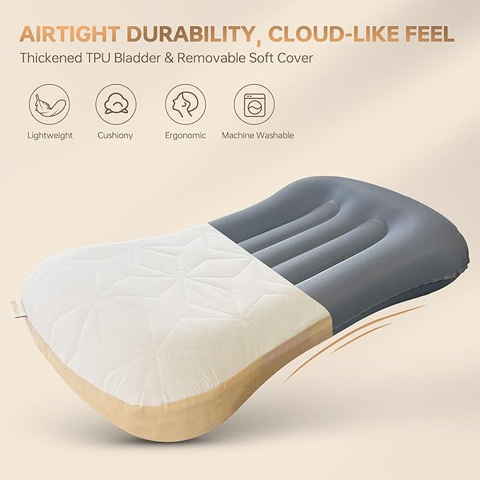 Inflatable Camping Travel Pillow, Lightweight Backpacking & Hiking Pillow with Removable Cover, Washable for Neck Lumbar Support