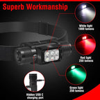 BORUIT HP360 Headlamp Rechargeable (Cob Red and Green) 7 Modes Super Bright Head Lamp,180°Angle Head Lights for Forehead, IP67 Waterproof Headlamps for Adults Outdoor Hunting Hard Hat Camping Hiking